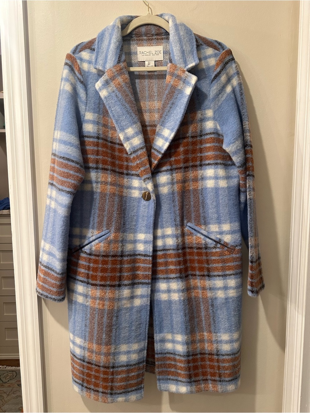 Rachel Zoe Light Blue and Brown Plaid Single-Button Coat
